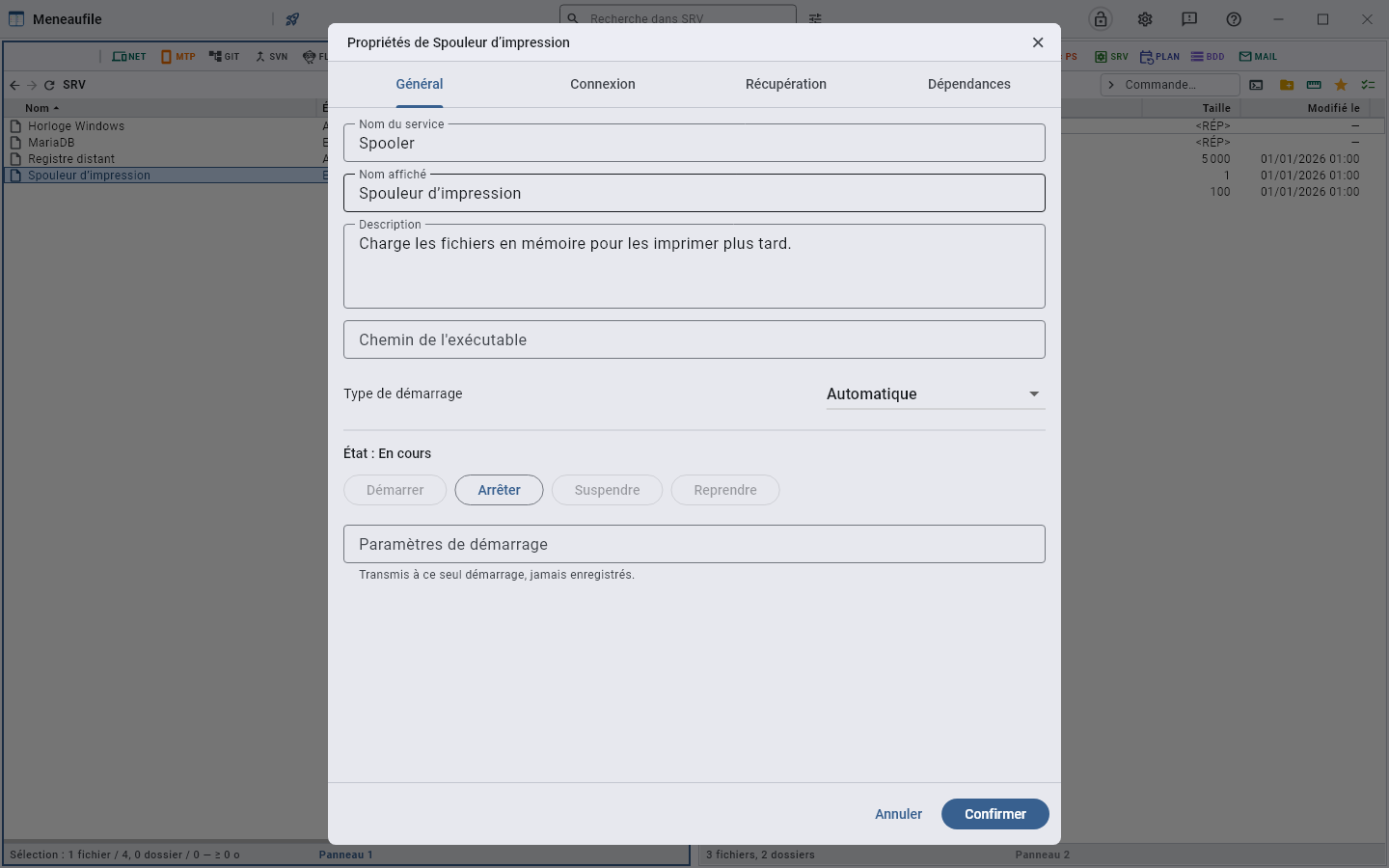Les propriétés d’un service : quatre onglets, comme la console de Windows.