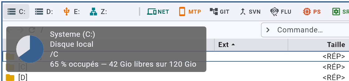 La barre des lecteurs : le disque système, un disque de travail, une clé USB et un lecteur réseau ; le survol du premier ouvre son camembert et ses chiffres.
