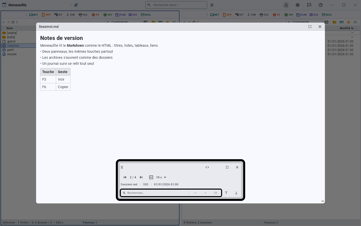 Le Markdown est rendu : titres, listes, tableaux. Le panneau de commandes se déplace et garde sa place.